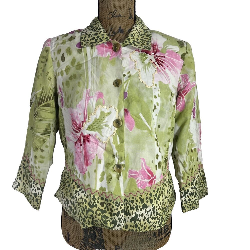 City Girl Jacket SMALL P Button Silk‎ Green Pink Hibiscus Sequin Animal Print